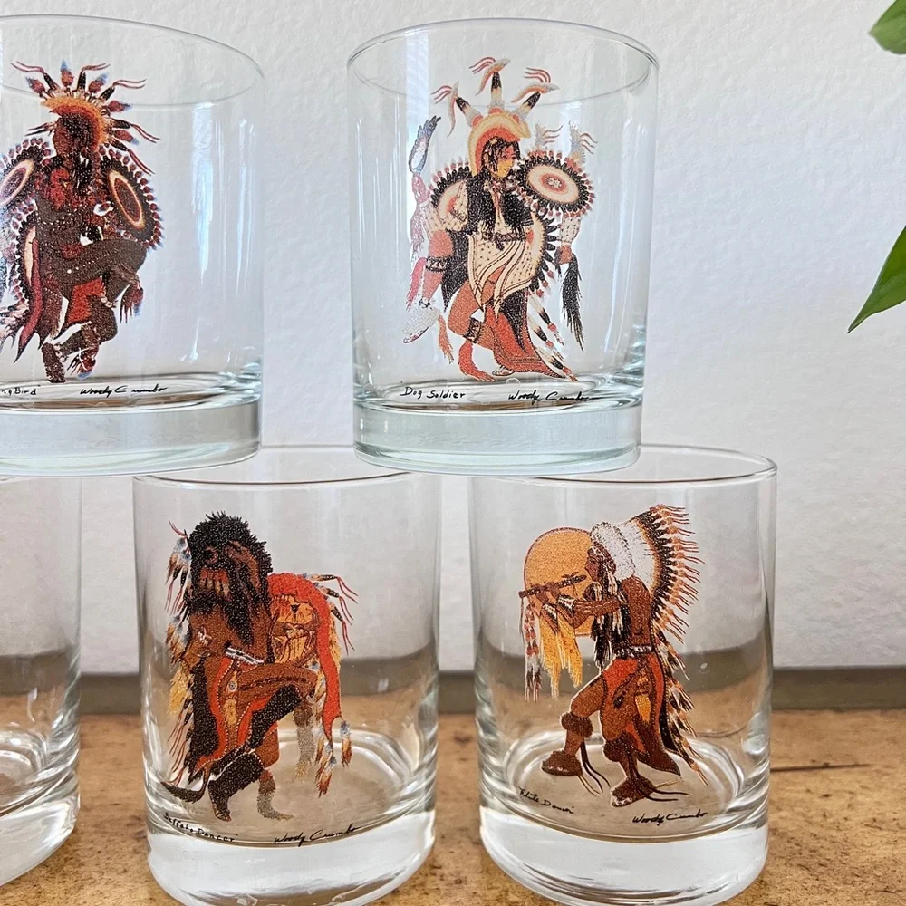 Vintage Rare Woody Crumbo Native American Indian Clear Glasses Set of 7‎